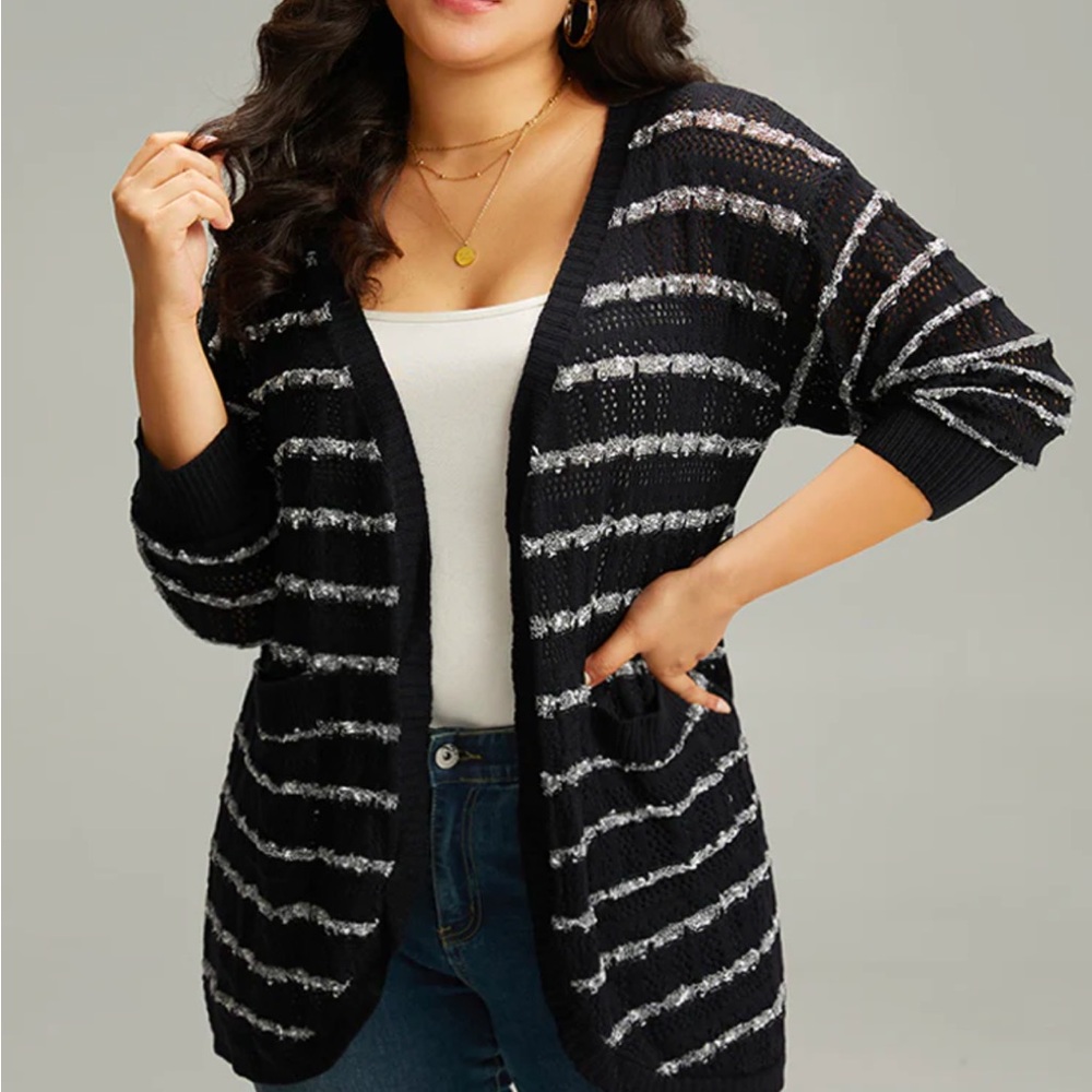 Bloomchic Striped Eyelet Curved Hem Patched Pocket Cardigan- Size 14/16 1X